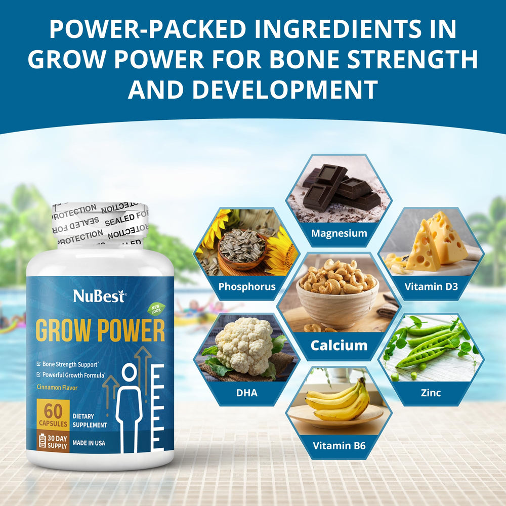 NuBest Grow Power calcium pills closeup highlighting fast-absorption formula.