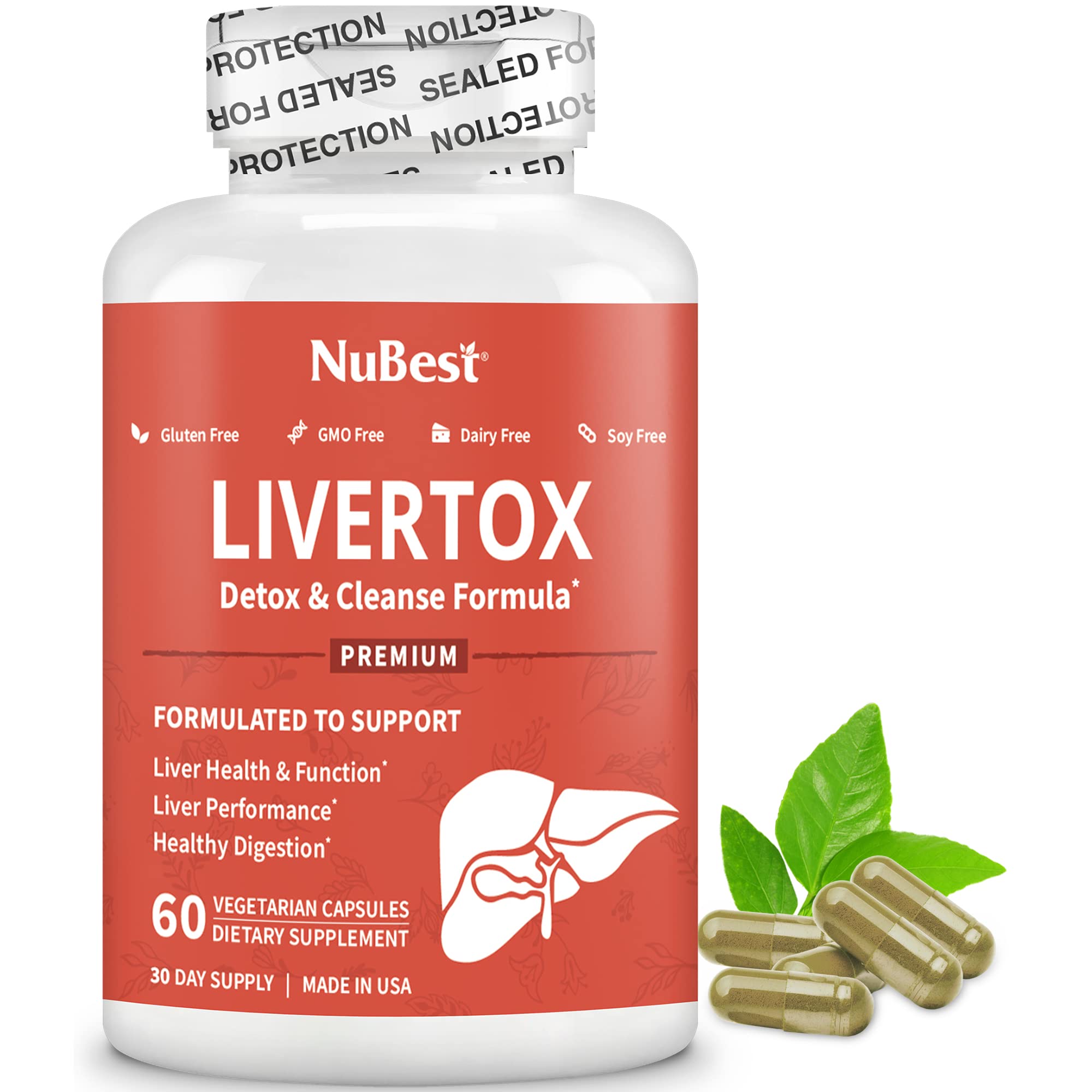 NuBest LiverTox packaging view emphasizing vegan, gluten-free branding