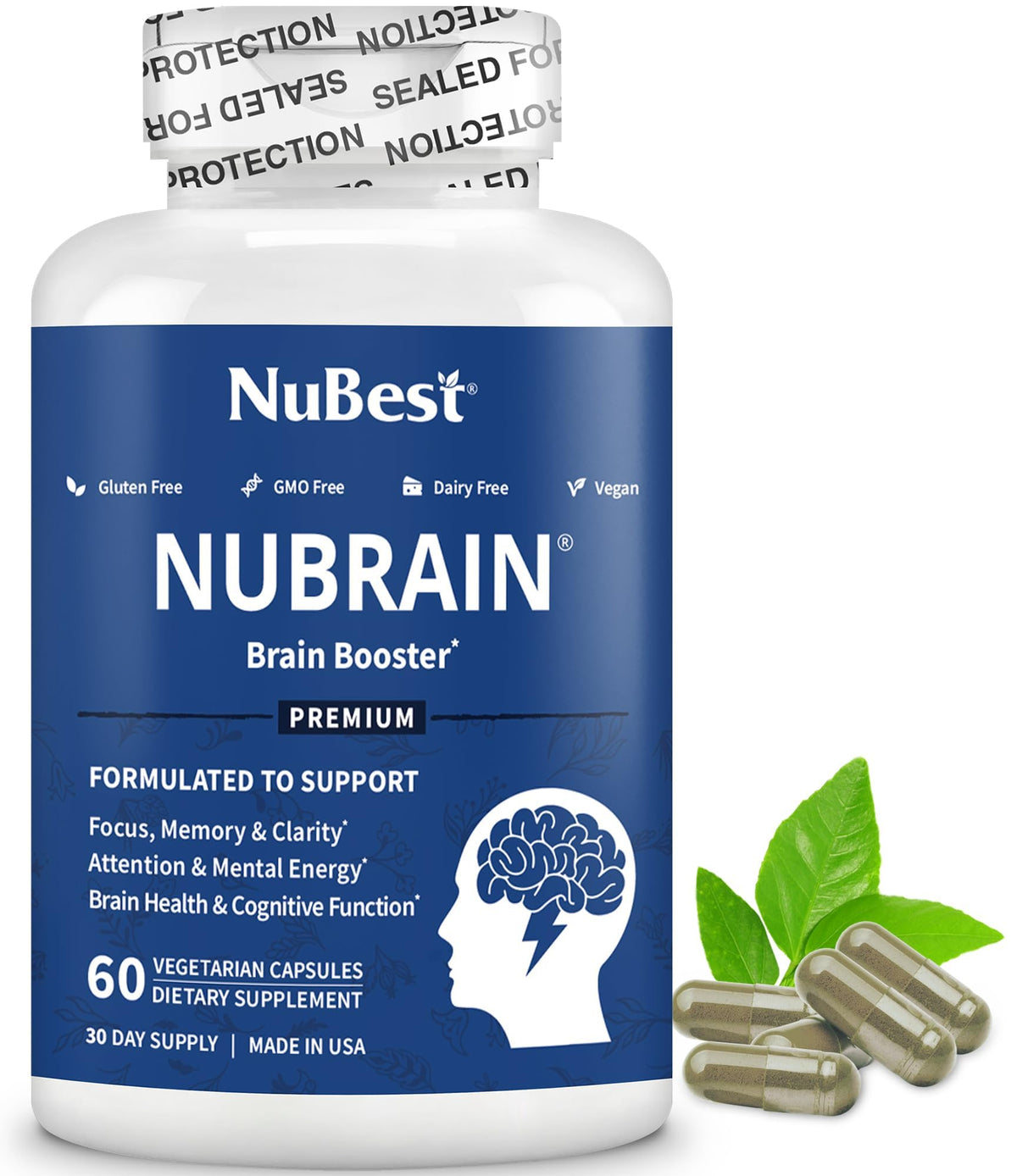 NuBrain Booster bottle front view highlighting vegan formula for focus and clarity.