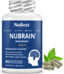 NuBrain Booster bottle front view highlighting vegan formula for focus and clarity.