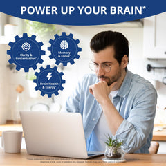NuBrain Booster capsules close-up signaling natural ingredients for brain support.