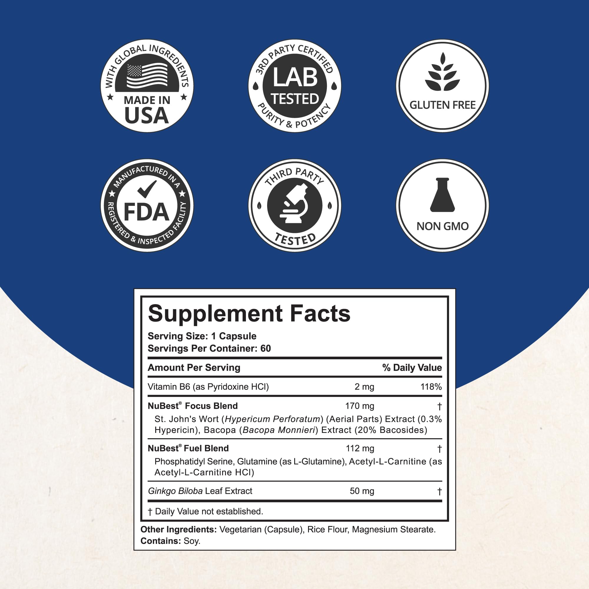 NuBrain Booster capsules with glass and natural icons signaling daily cognitive support.