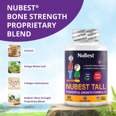 NuBest Tall bottle back label shows calcium, collagen and herbs for holistic development.