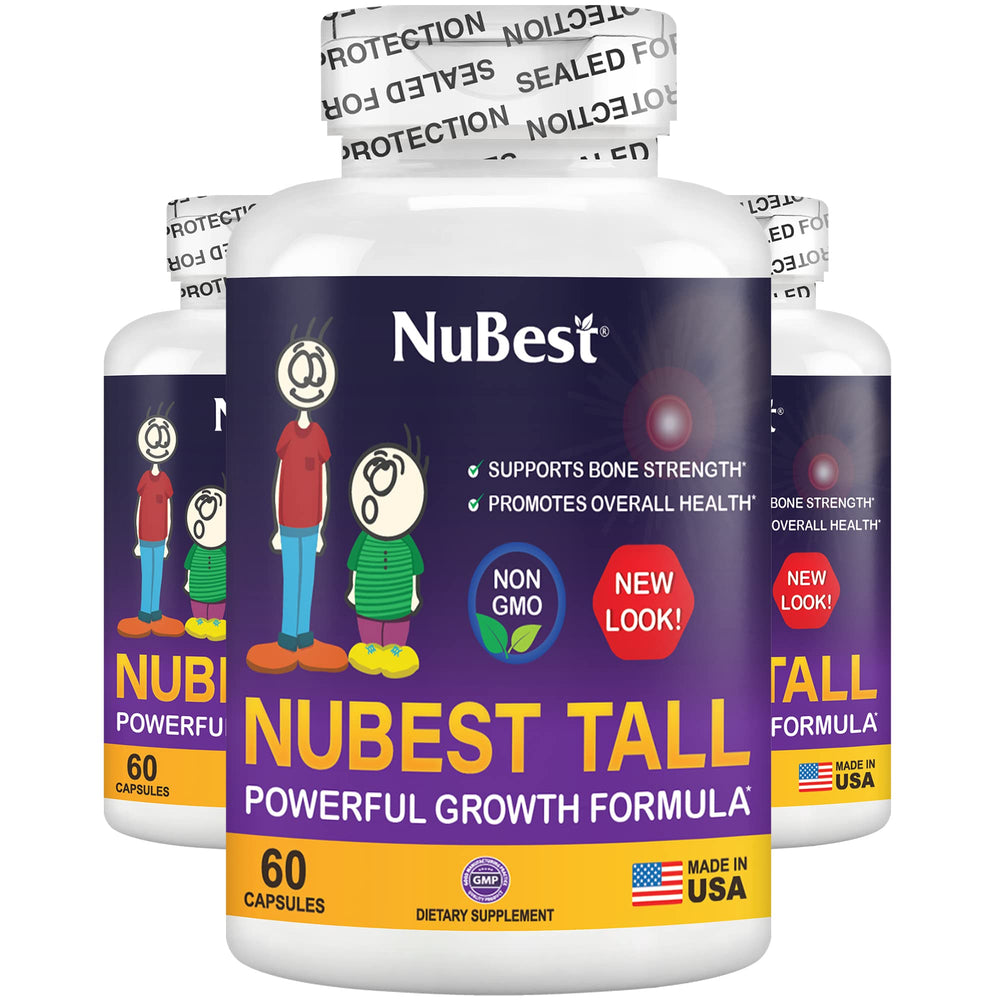 NuBest Tall bottle front view highlighting bone-support nutrients for growing children.