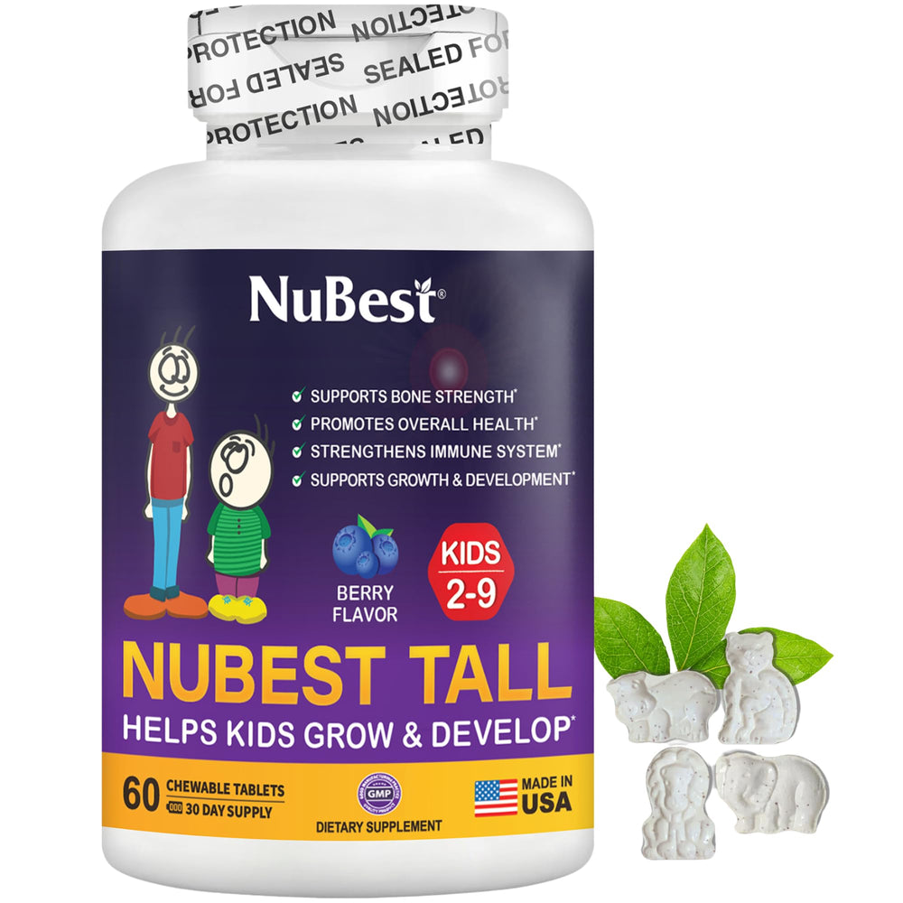 NuBest Tall Kids bottle with berry-flavored chewables supports daily kid nutrition.