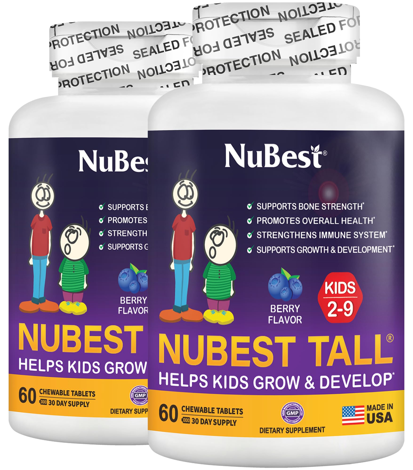 NuBest Tall Kids bottle front showing berry-flavored chewables for daily intake.