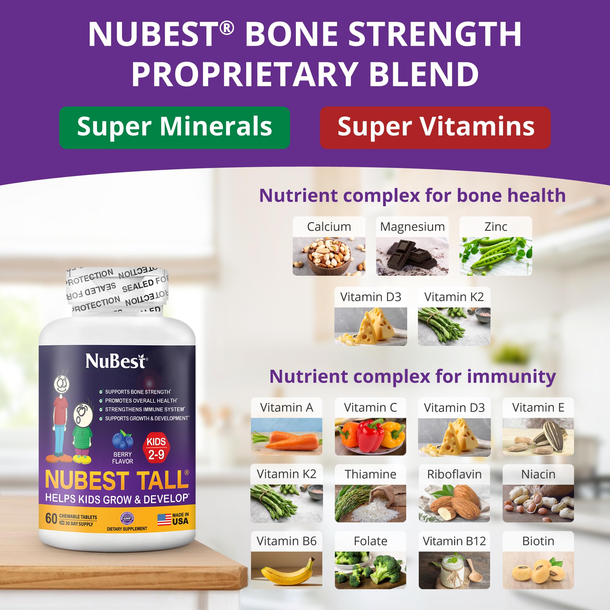 NuBest Tall Kids bottle label highlights essential vitamins for growth support.