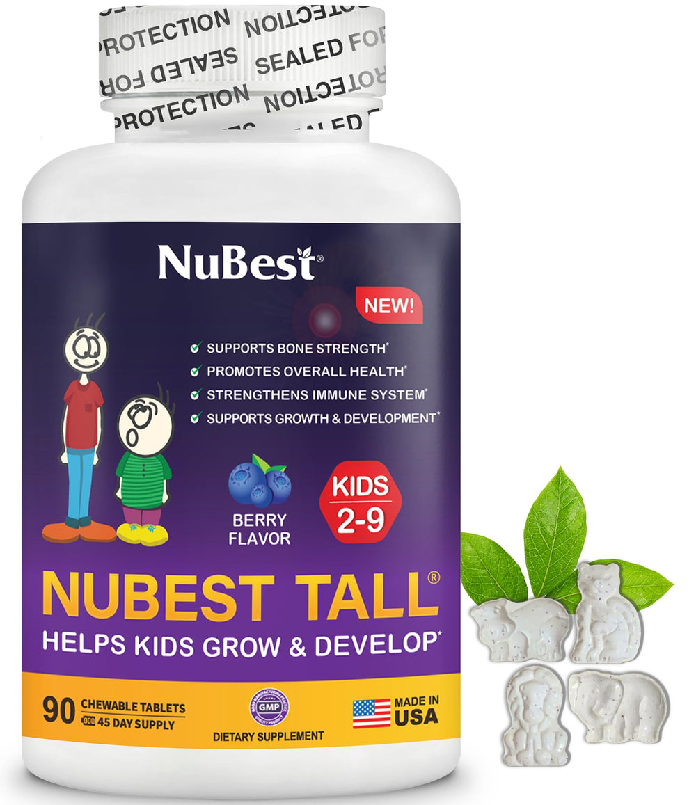 NuBest Tall Kids chewable berry bottle boosts bone-friendly nutrients for growing children.