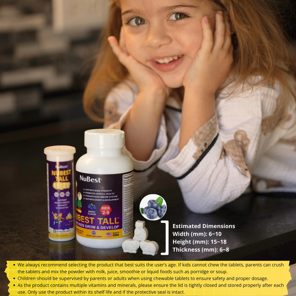 NuBest Tall Kids nutrition facts panel lists vitamins and minerals for kids.