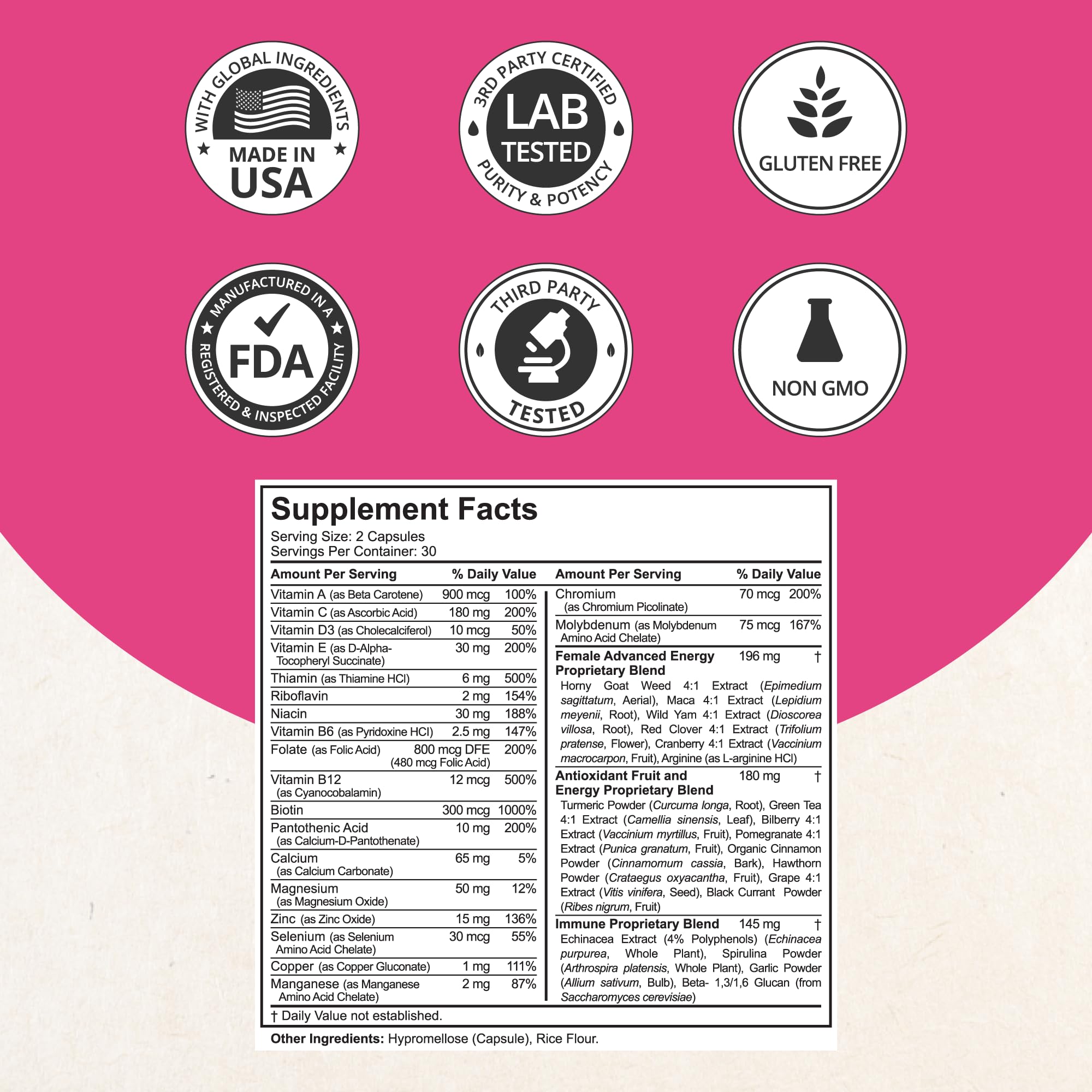 NuBest ingredients panel lists vitamins, minerals, and botanicals for wellness.