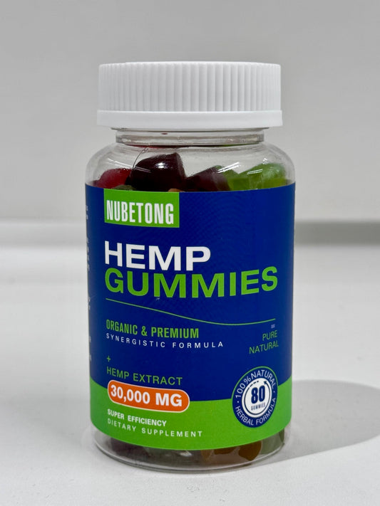 Nubetong hemp gummies bottle pour showing convenient dosage for on-the-go use.