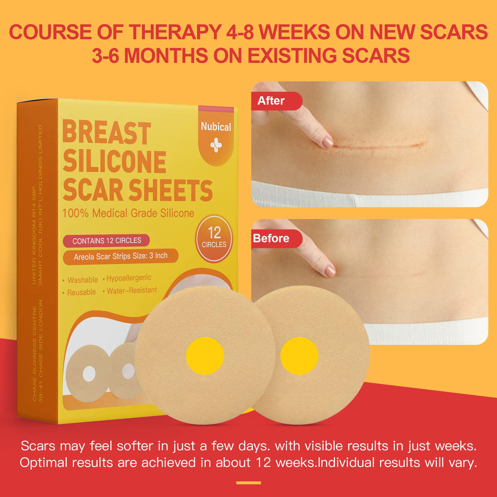 Nubical scar sheets stay in place on the breast area with adhesive
