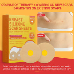 Nubical scar sheets stay in place on the breast area with adhesive