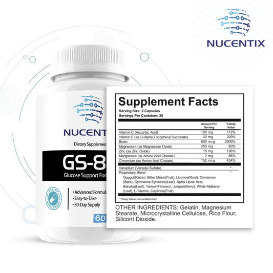 Nucentix GS-85 bottle side hints at daily wellness routine.