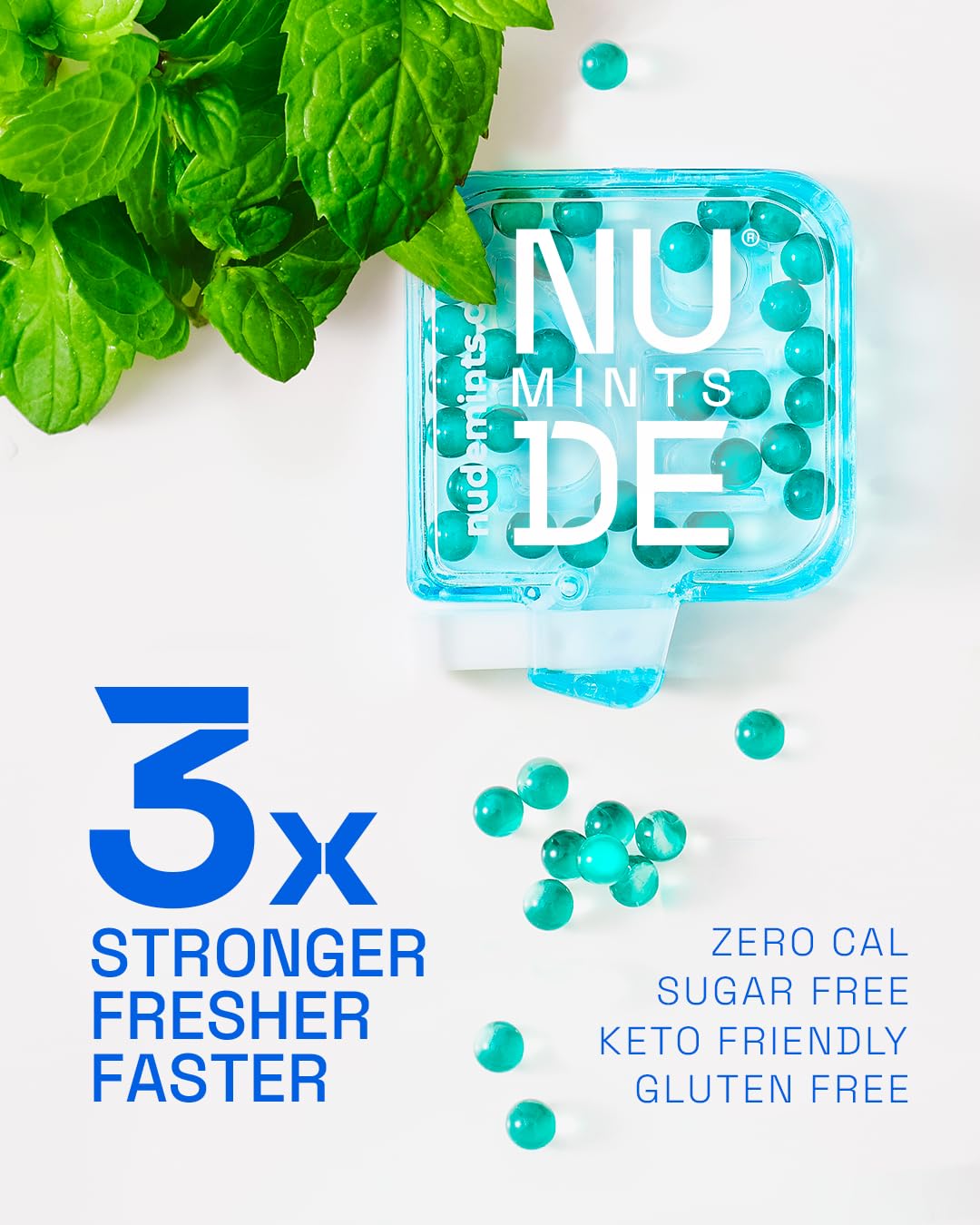 NUDE MINTS inner-capsule-delivery emphasizes prolonged mint freshness after the initial burst.