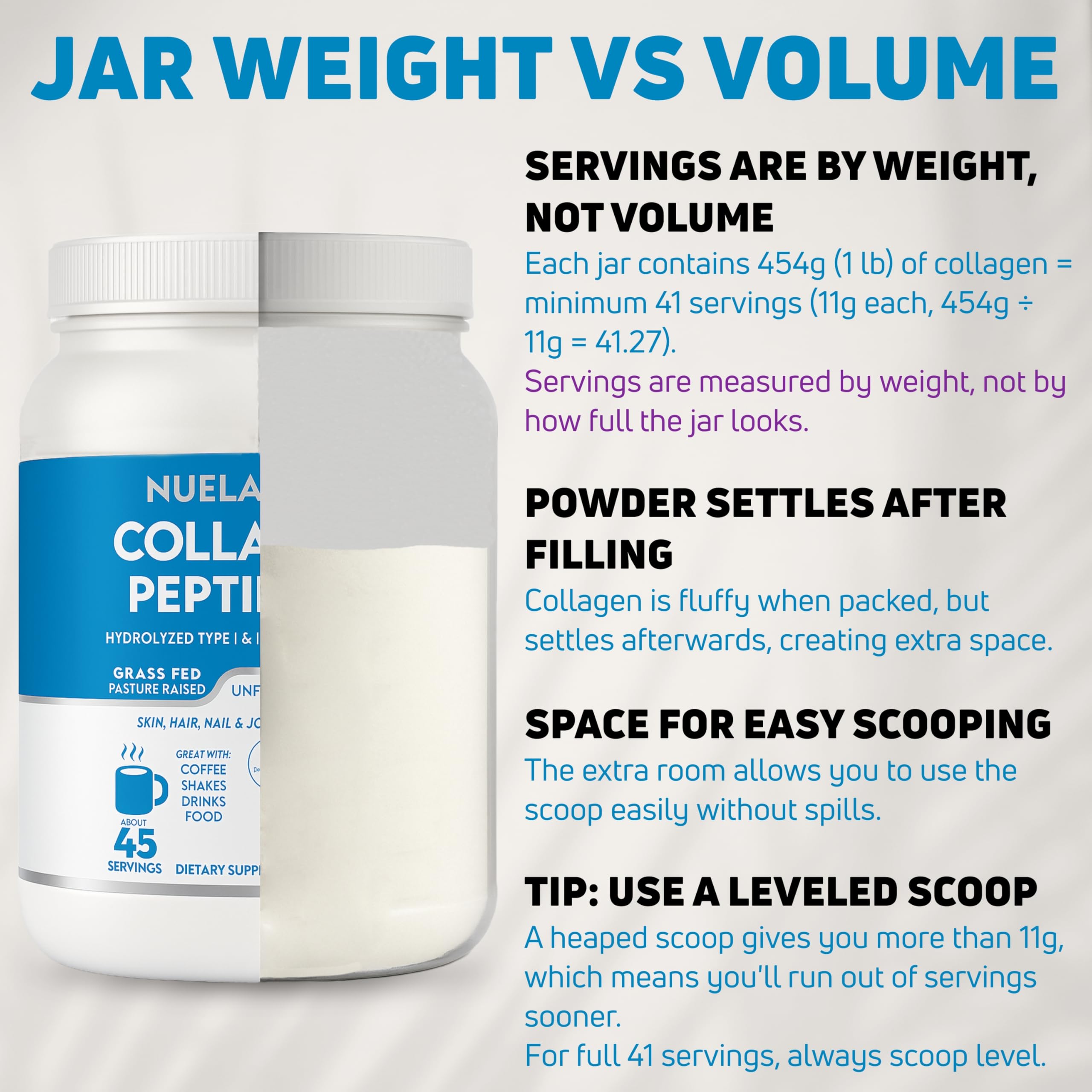 NUELATION collagen dissolves quickly in water for quick, clump-free hydration.
