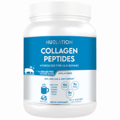 NUELATION unflavored grass-fed collagen tub on shelf supports daily skin, hair, and nails routine.