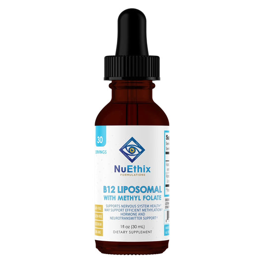 NuEthix B12 Liposomal bottle highlighting energy support potential.