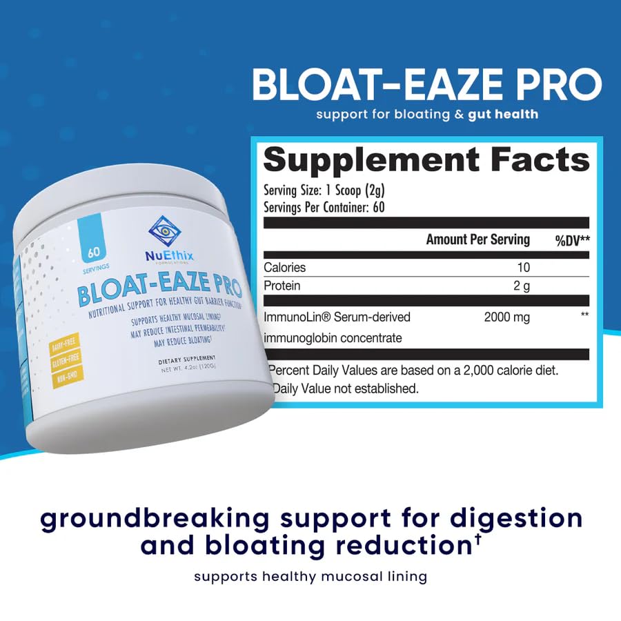 Gluten-free and dairy-free labeling on NuEthix Bloat Eaze Pro.