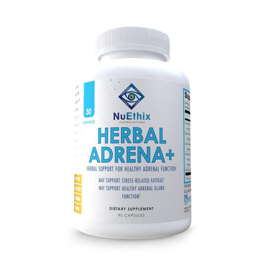 NuEthix Formulations Adrena+ bottle promotes daily adrenal support and balanced energy.