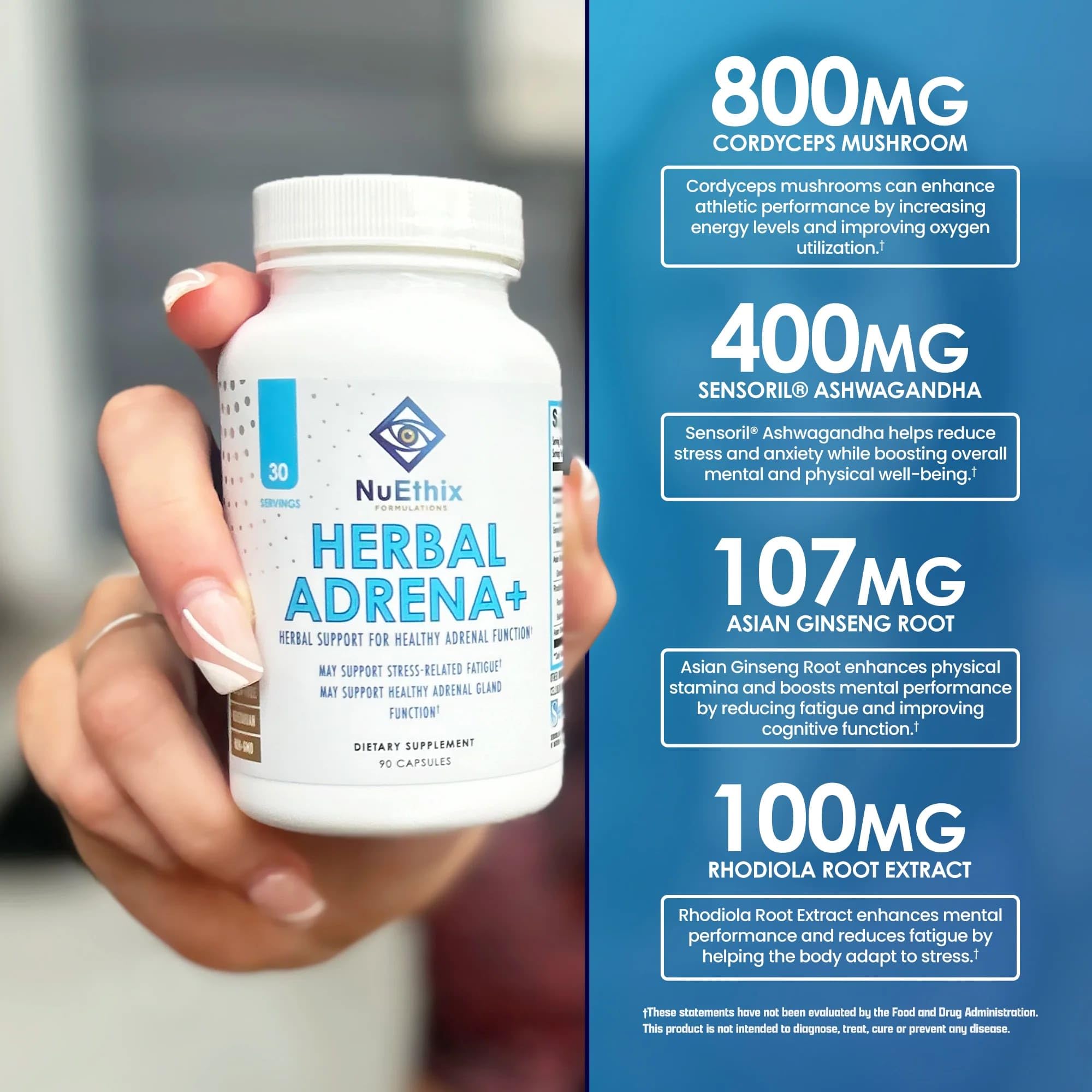 NuEthix Adrena+ label shows third-party tested, non-GMO, gluten-free details.