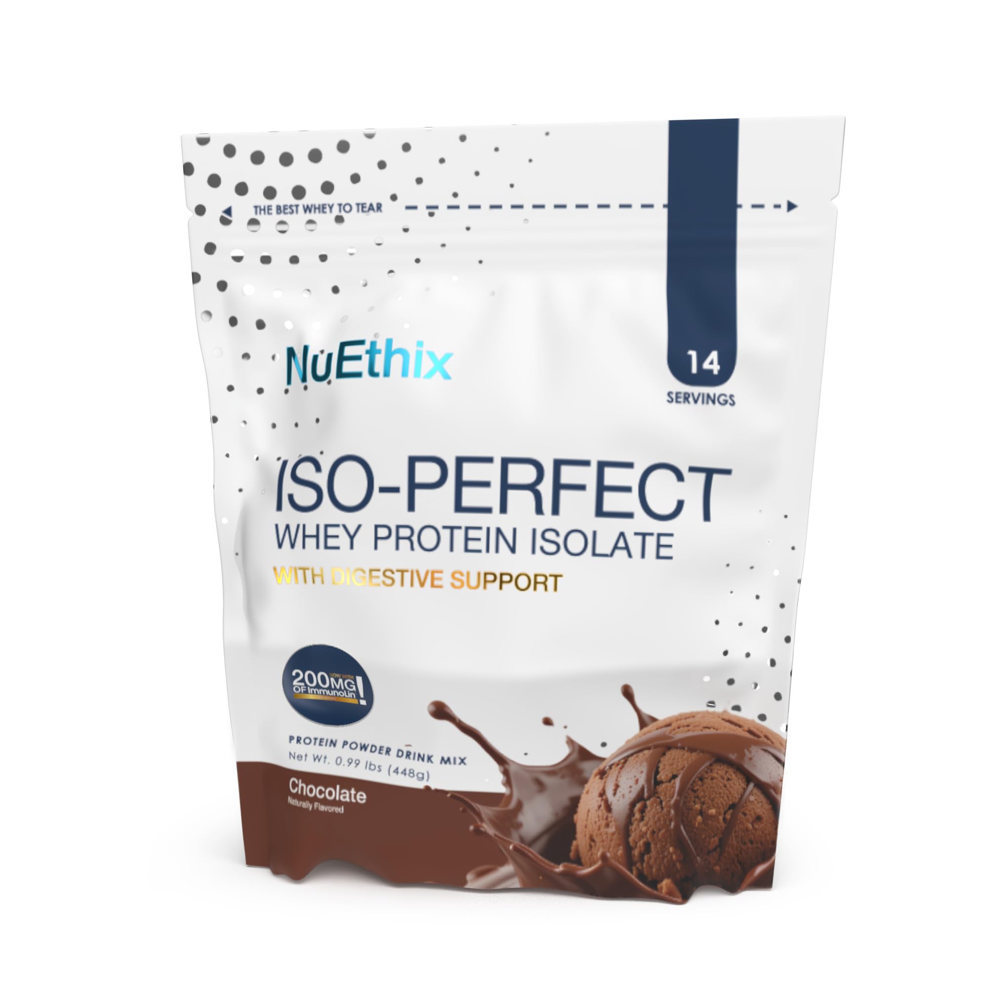 NuEthix ISO-Perfect Digestive Support chocolate powder tub for a creamy, convenient shake.