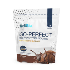 NuEthix ISO-Perfect Digestive Support chocolate powder tub for a creamy, convenient shake.