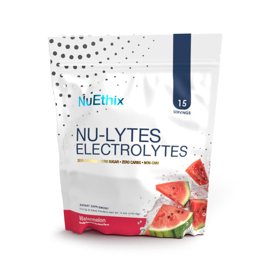 NuEthix NU-LYTES Watermelon packet in hand for on-the-go hydration