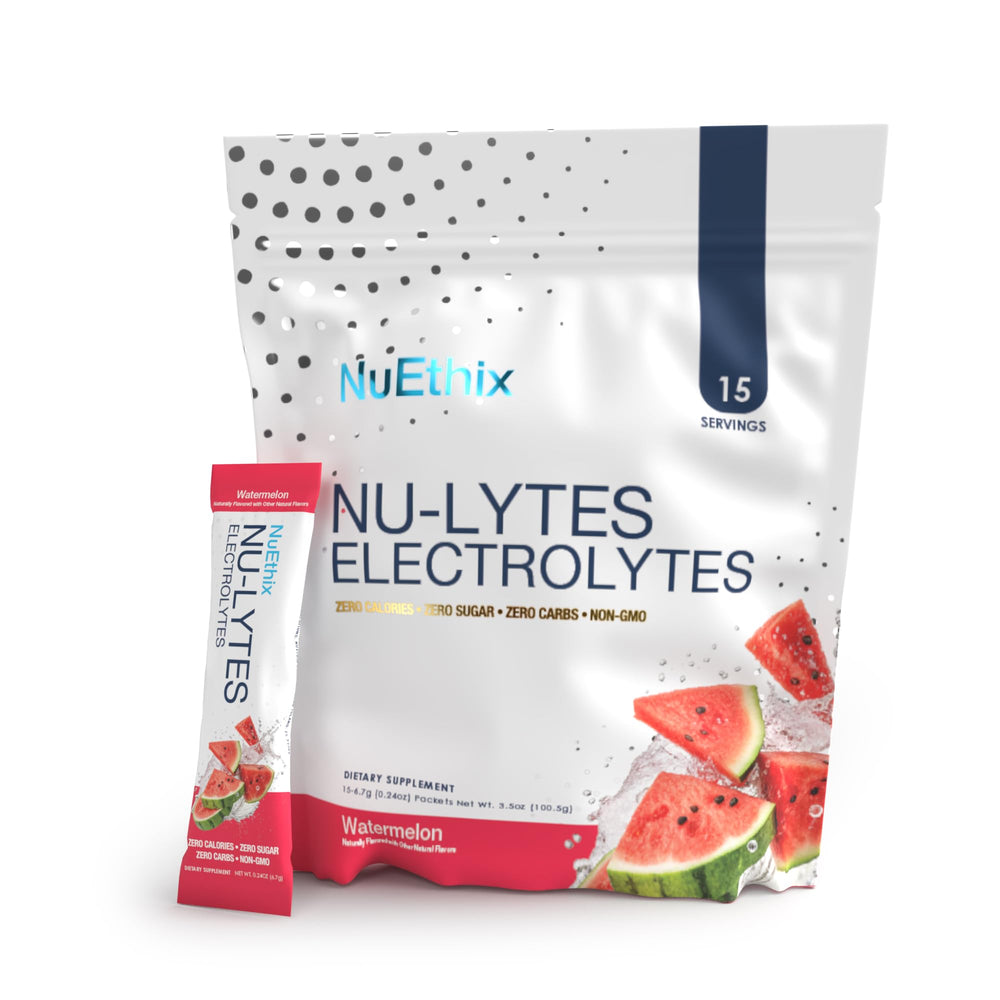 NuEthix NU-LYTES Watermelon powder packet being poured into water