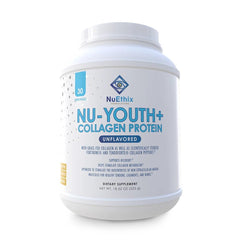 NuEthix Nu-Youth collagen bottle on counter, a daily supplement that may support joints and nails.