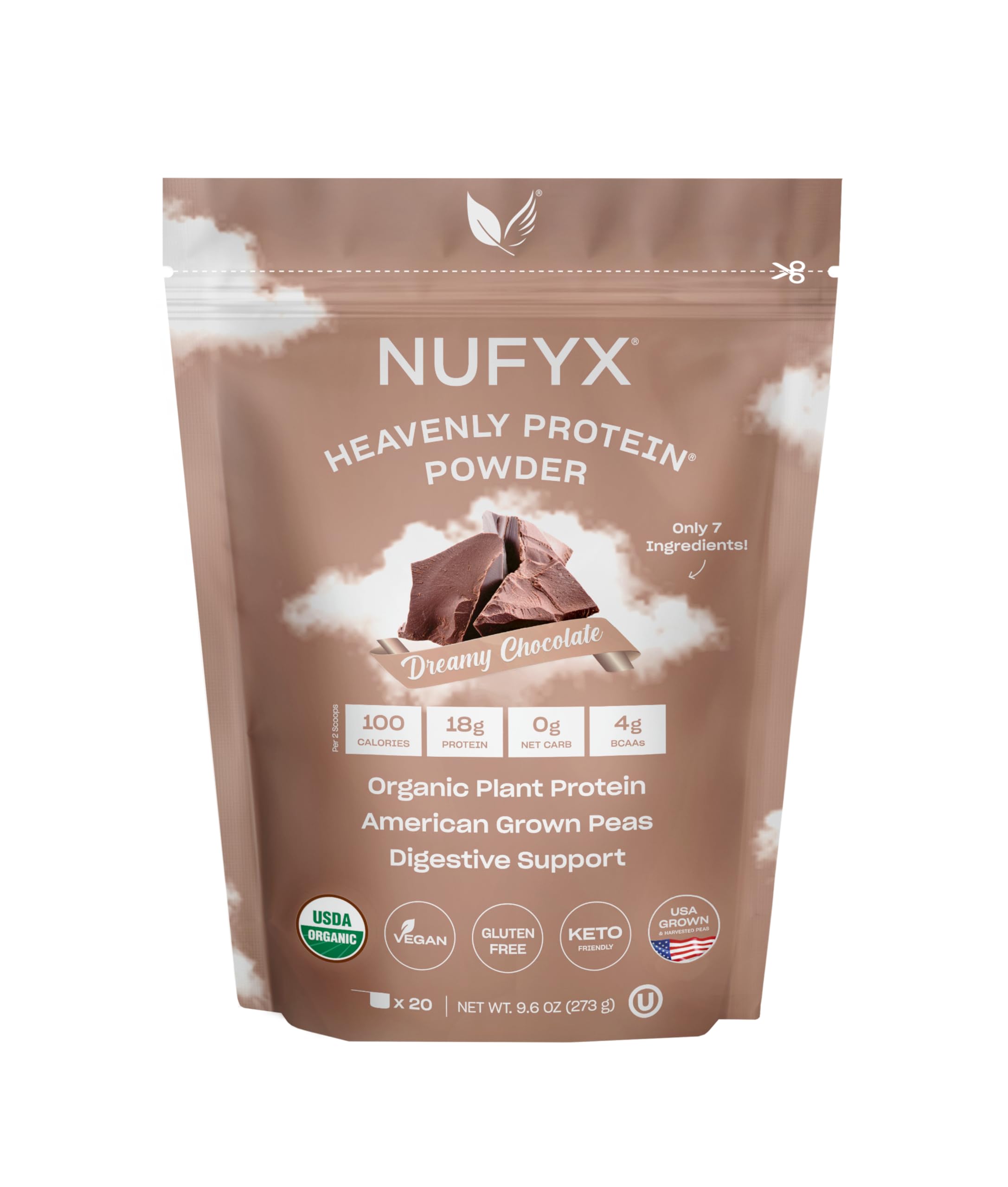 NUFYX Heavenly Protein Dreamy Chocolate tub shows US-grown pea protein for clean energy