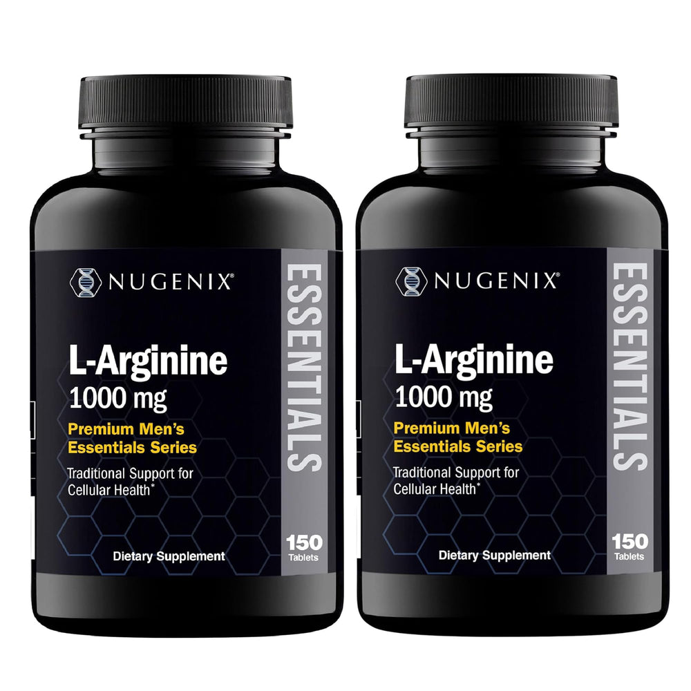 Nugenix Essentials L-Arginine bottle pour demonstrates easy daily dosing for sustained support.