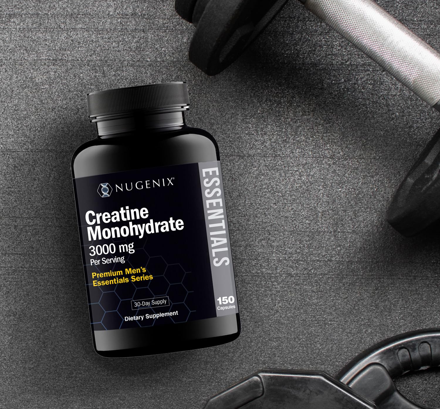 Nugenix Essentials Creatine Monohydrate pills labeled Made in USA emphasizing quality sourcing.