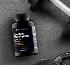 Nugenix Essentials Creatine Monohydrate pills labeled Made in USA emphasizing quality sourcing.