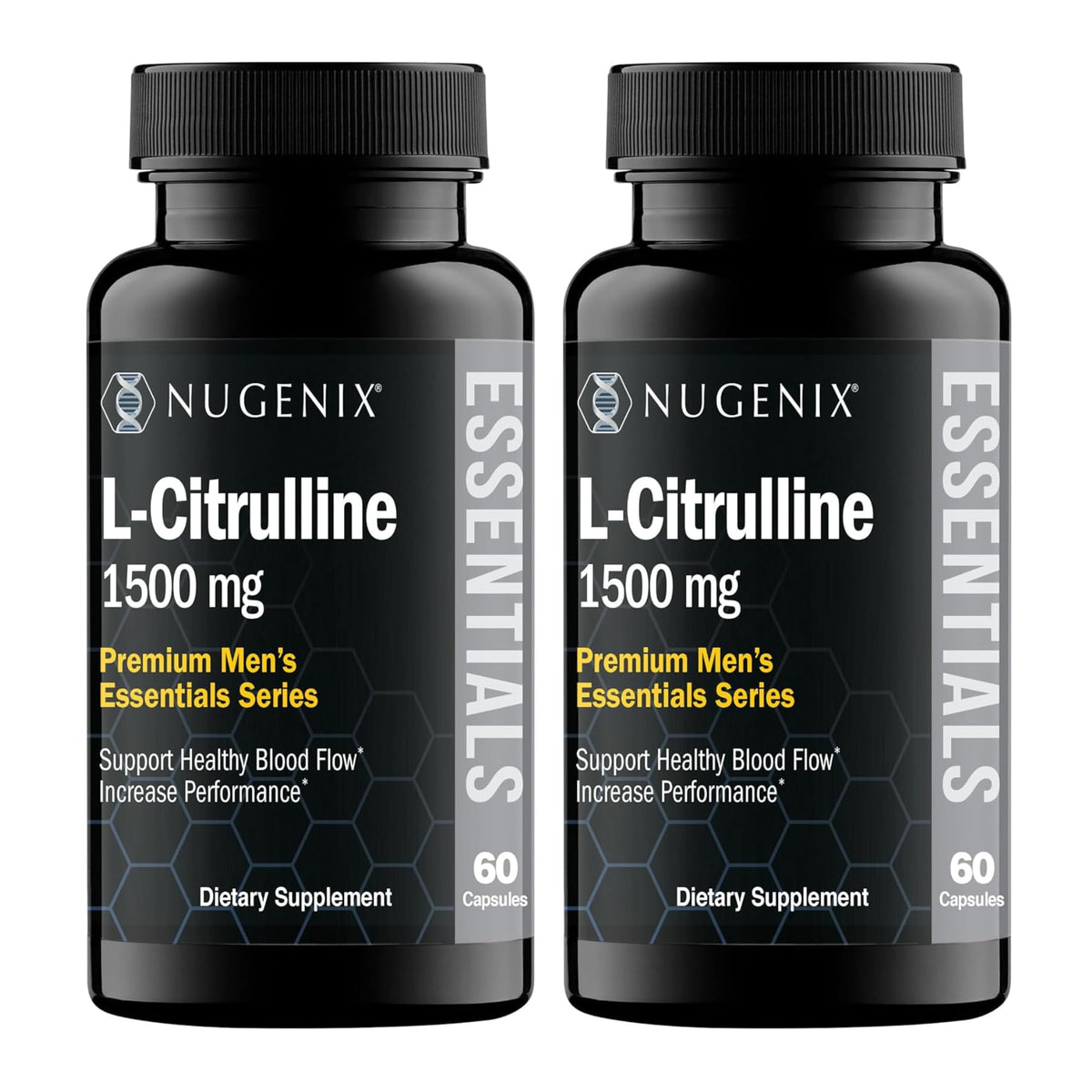 Nugenix Essentials L-Citrulline bottle front showing 1500 mg dosage for blood flow support