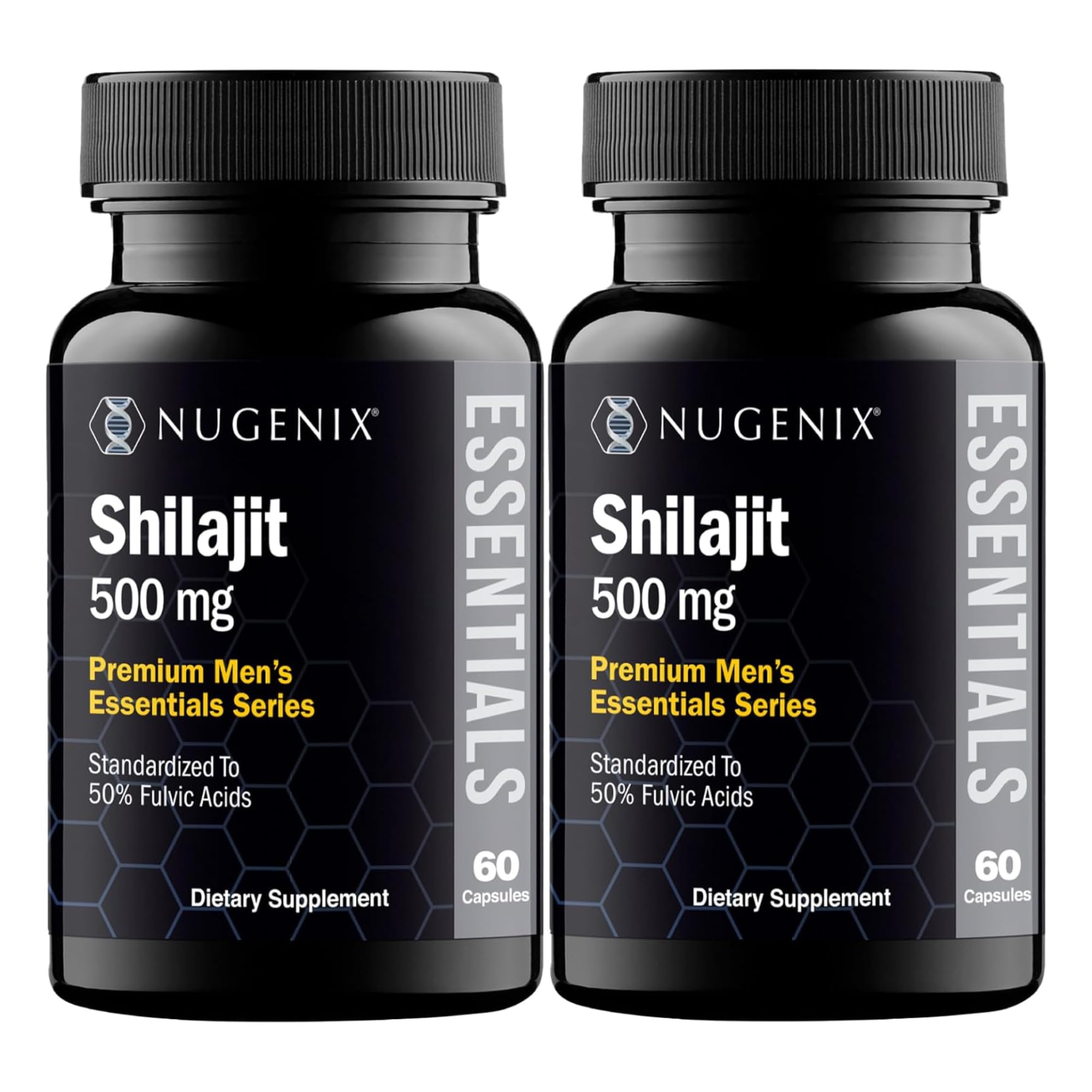 Nugenix Essentials Shilajit bottle with 500 mg capsules for daily vitality