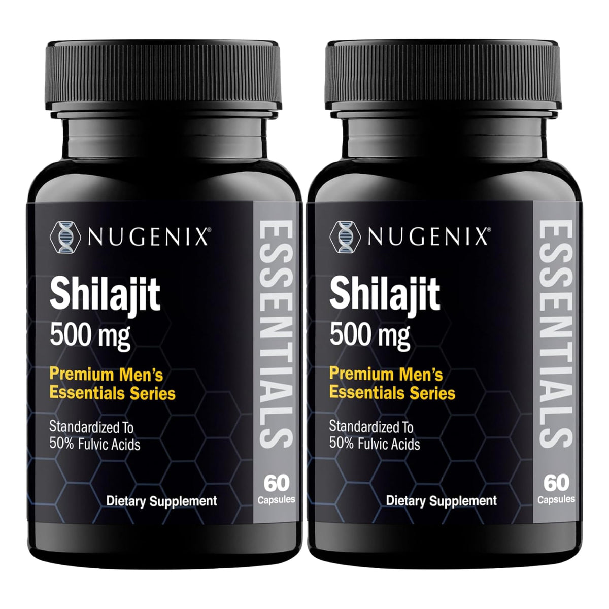 Nugenix Essentials Shilajit bottle with 500 mg capsules for daily vitality
