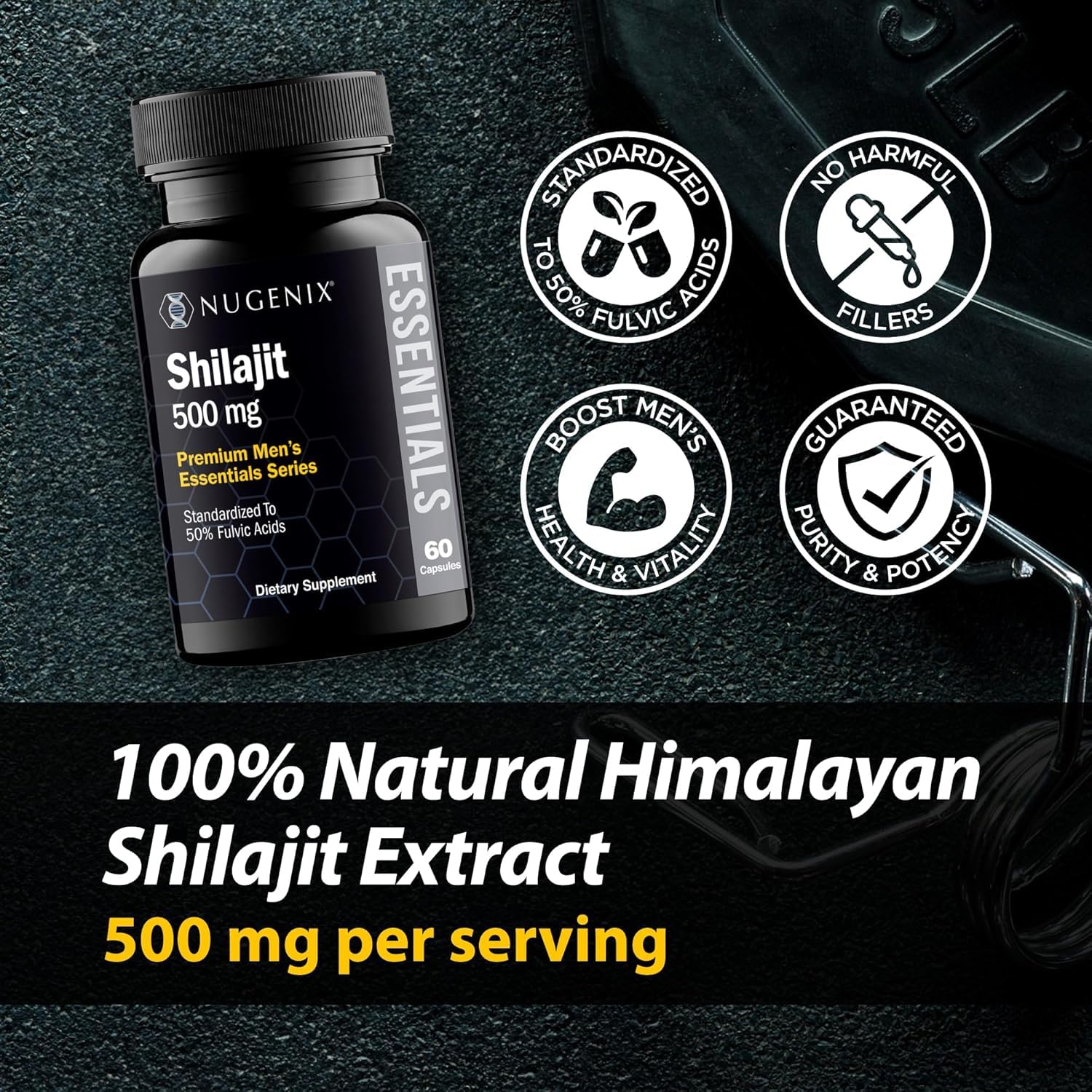 Nugenix Essentials Shilajit close-up highlights 50% fulvic acids potency