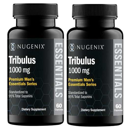 Nugenix Essentials Tribulus bottle label shows 1000 mg potency for male health