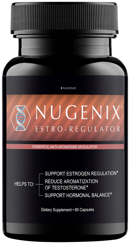 Nugenix Estro-Regulator bottle pouring for easy daily estrogen support