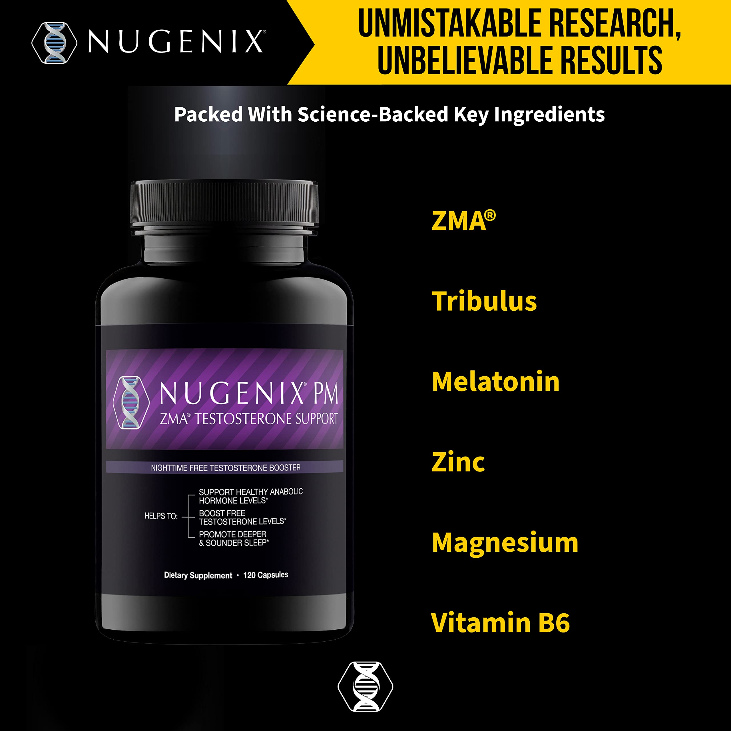 Nugenix PM ZMA tablet closeup shows targeted nighttime nutrition