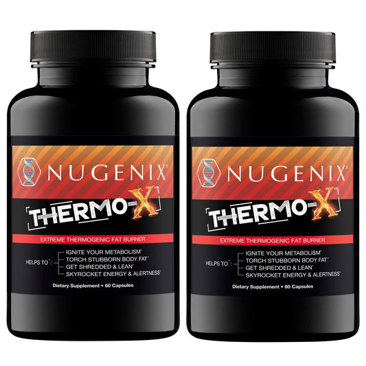 Nugenix Thermo-X bottle front showing premium formula for energy and fat support