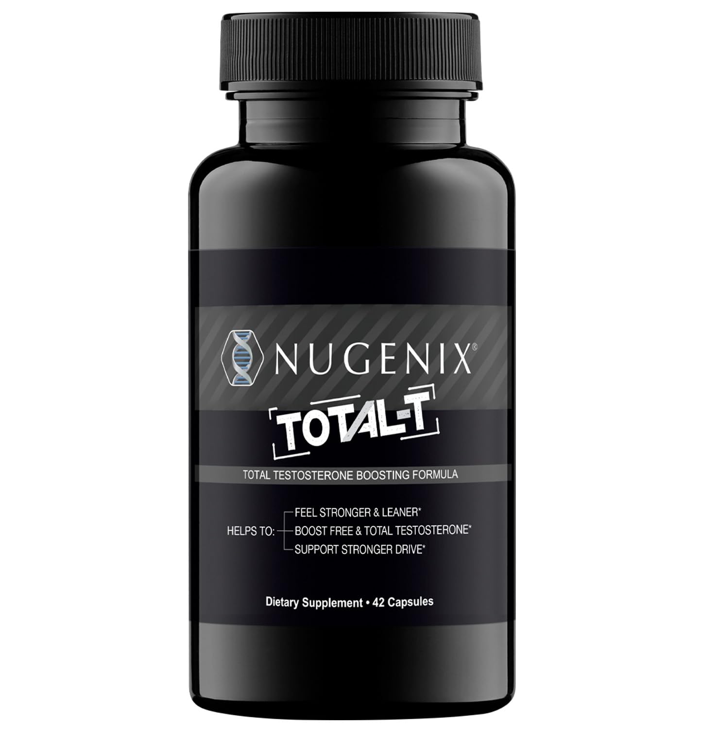 Nugenix Total-T bottle front, highlighting the energy-supporting supplement for workouts.