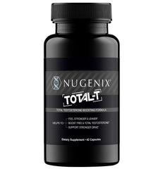 Nugenix Total-T bottle front, highlighting the energy-supporting supplement for workouts.