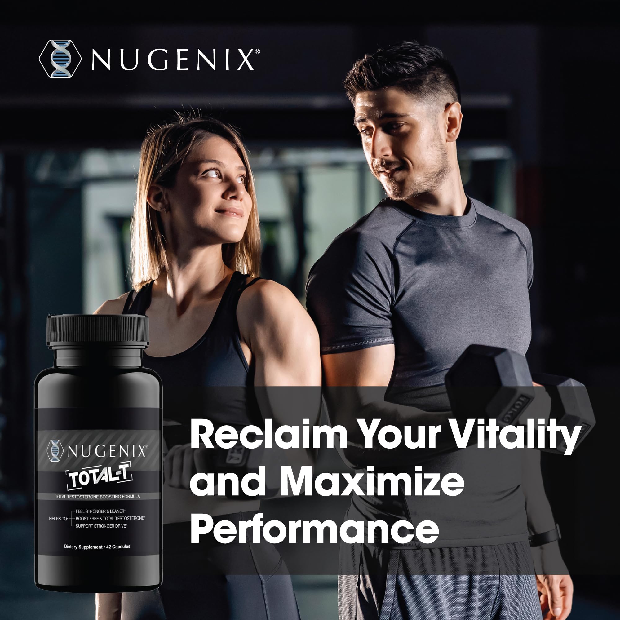 Nugenix Total-T on a desk with glass, morning routine vibe.