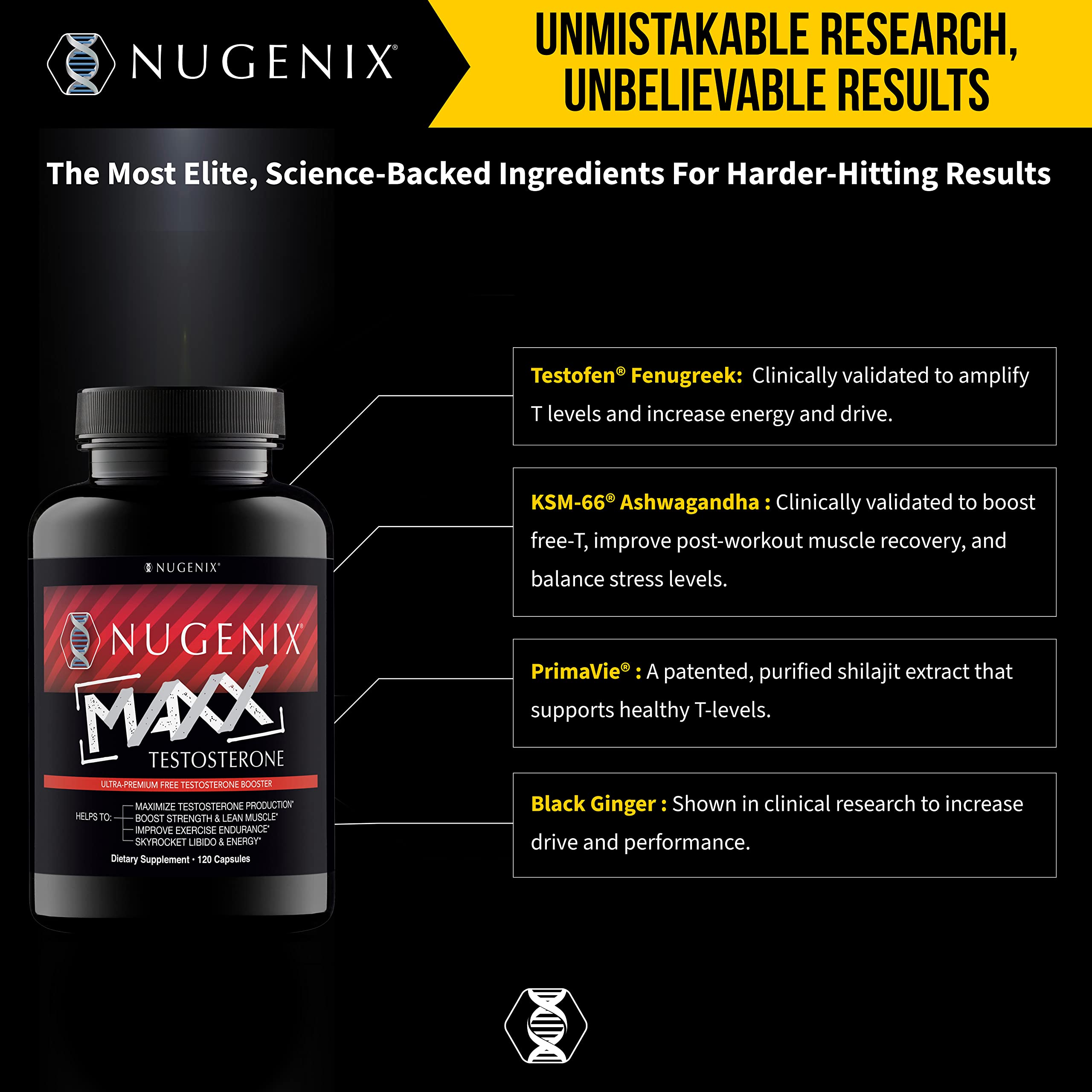 Nugenix Total-T Maxx bottle back showing potency and US manufacturing.