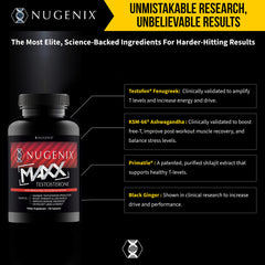 Nugenix Total-T Maxx bottle back showing potency and US manufacturing.