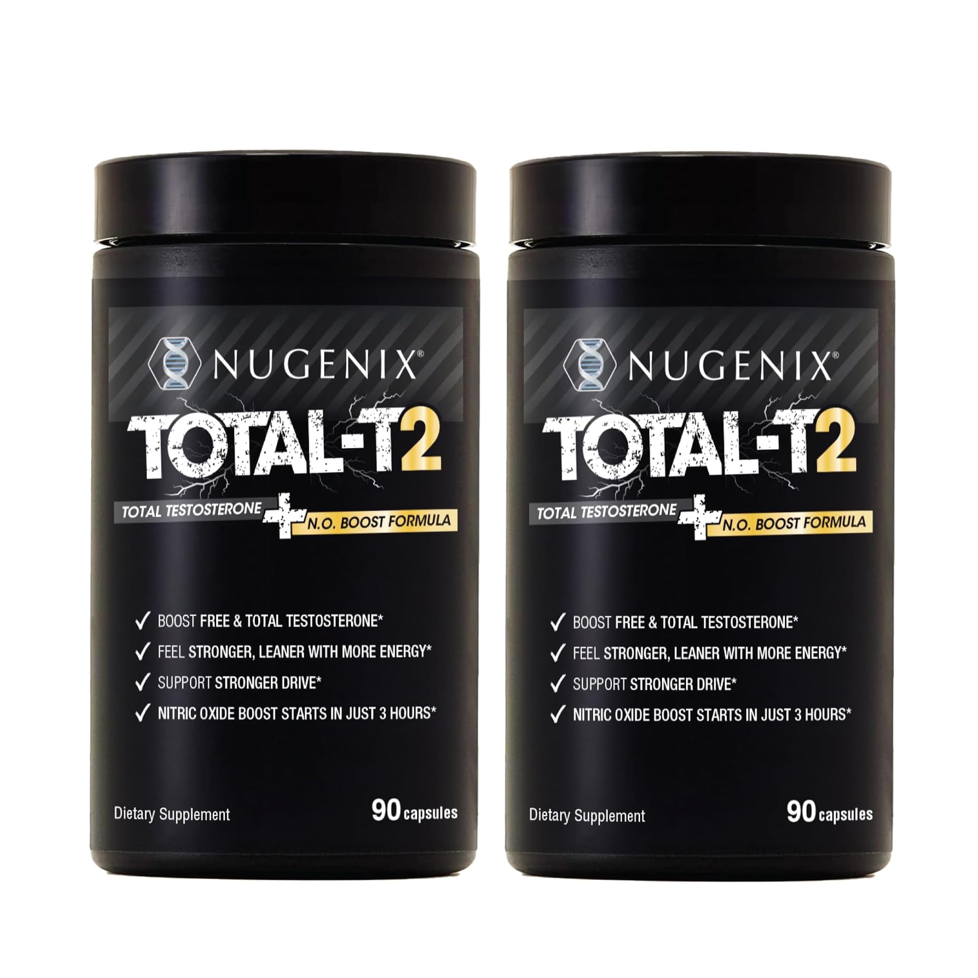 Nugenix Total-T2 bottle front showing branding and testosterone support visuals