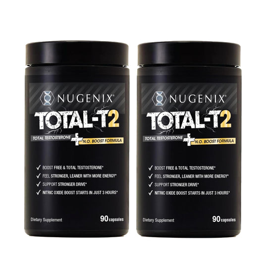 Nugenix Total-T2 bottle front showing branding and testosterone support visuals