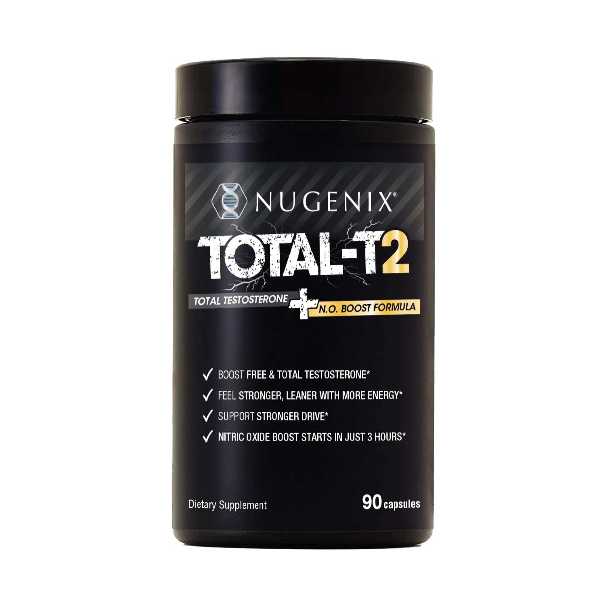 Nugenix Total-T2 bottle front shows testosterone and nitric oxide support
